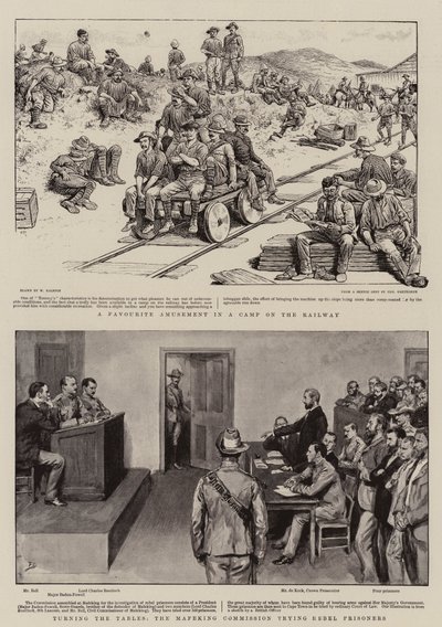 Un amusement favori dans un camp sur le chemin de fer, renverser les tables, la commission de Mafeking jugeant des prisonniers rebelles - William Ralston